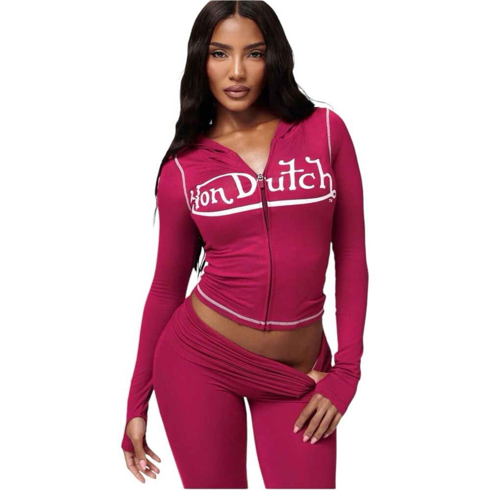 Von Dutch ROXY Crop Zip Hoodie & Fold Over Slight Flare Pant Set - Merlot Sz XL
